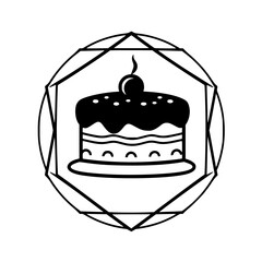 A black-and-white image of a layered cake with cherry on top, within a geometric frame, capturing the simple joy of a celebratory dessert.
