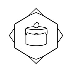 Black and white illustrated image of a cake within a double hexagon outline.