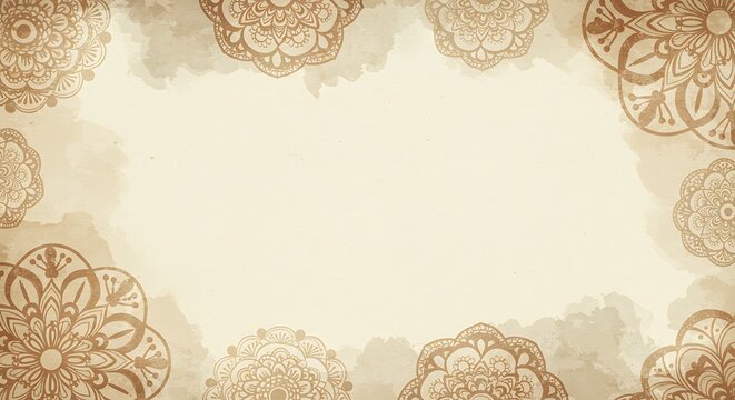 Ornate intricate decorative mandala frame with subtle watercolor stains and a warm creamy beige texture, concept for spiritual events, cultural celebrations and elegant greeting cards