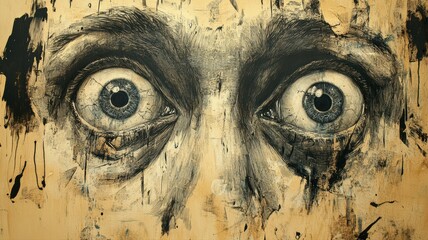 A striking artwork showcases two large, expressive eyes that capture attention with their depth and detail, set against a backdrop of abstract textures and patterns creating a sense of urgency