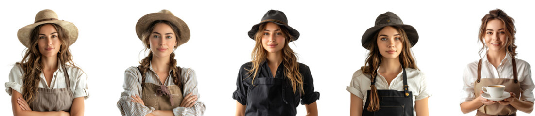 Fototapeta premium woman, hat, apron on transparent background collection set