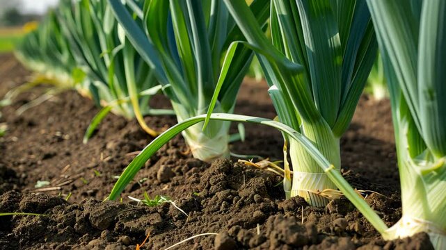 Detailed close-up of fresh leeks thriving on a sunlit farm, a harvest in progress, Ai Generated
