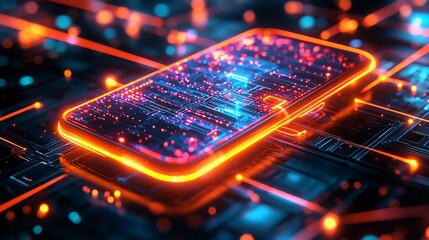 Glowing phone on circuit board, digital technology concept.