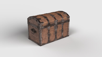 antique wooden and iron treasure chest in the white setting, left view