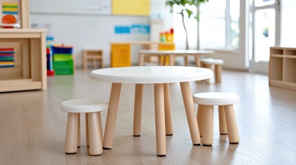 Preschool Classroom Interior, Wooden Tables and Chairs, Bright and Spacious
