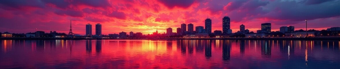 Obraz premium Liverpool skyline sunset, vibrant city lights reflected in water, evening, architecture, scene