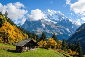 Obraz premium Nestled among stunning autumn foliage, a charming mountain cabin sits in the midst of towering peaks, all beneath a radiant blue sky