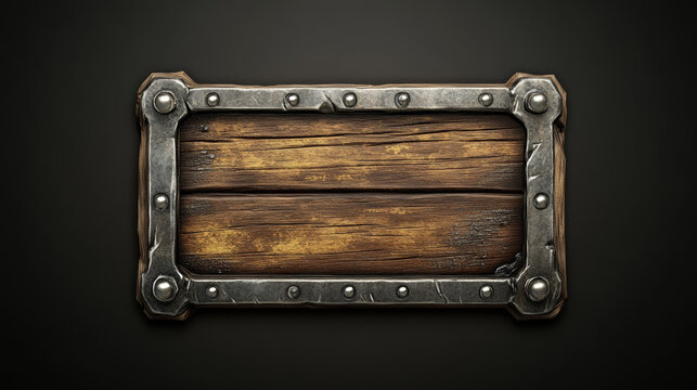 Medieval ui game wooden button with metal frame sprite for animation. Fantasy rpg title sign design on dark background. Isolated royal interface banner element assets. Ancient scratched wood bar icon
