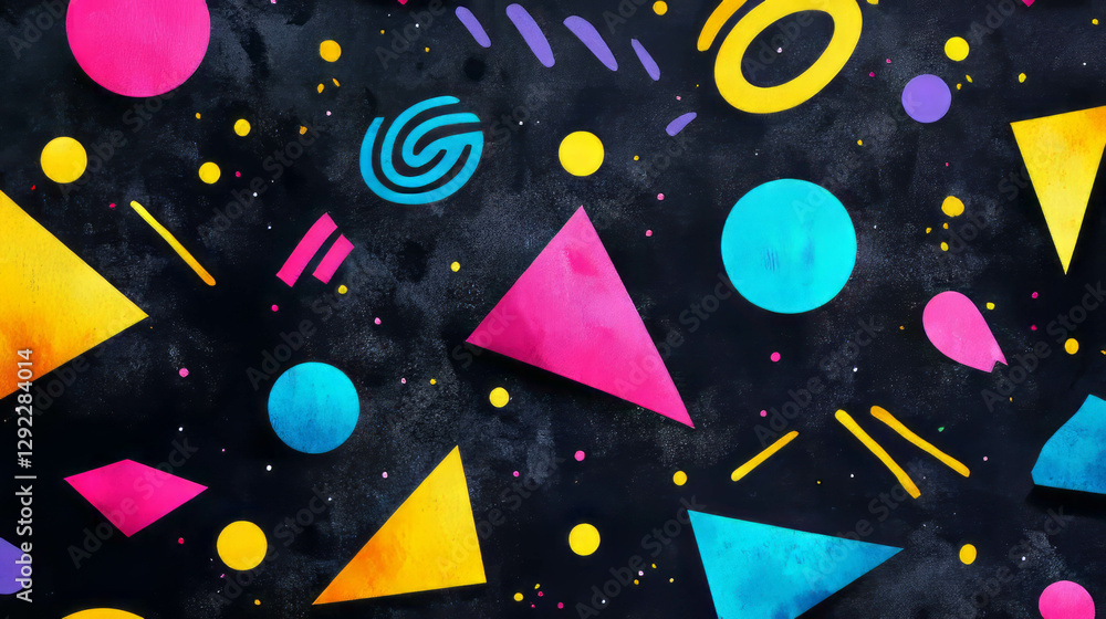 Poster vibrant abstract geometric shapes and confetti pattern design for creative projects