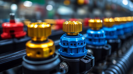 Obraz premium industrial pneumatic tools, showcasing precision, technology, and efficiency in a manufacturing setup with visible hoses and valves, highlighting advanced machinery in a modern, bright environment