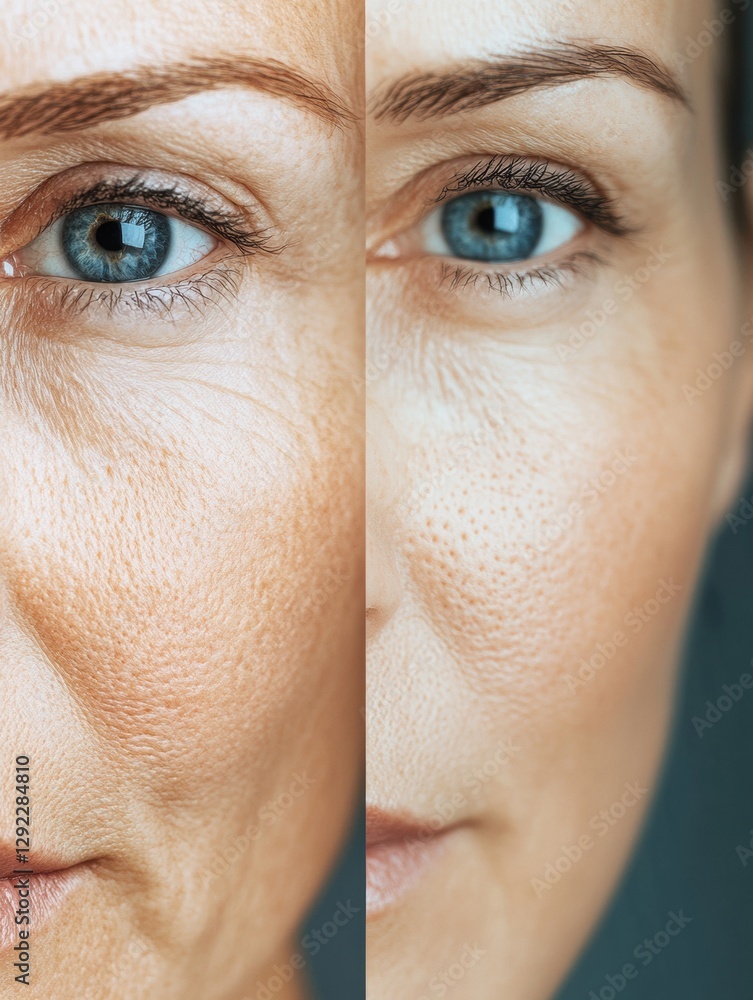Poster close up view showing contrast of aging with wrinkles on one side and smooth skin on the other in me