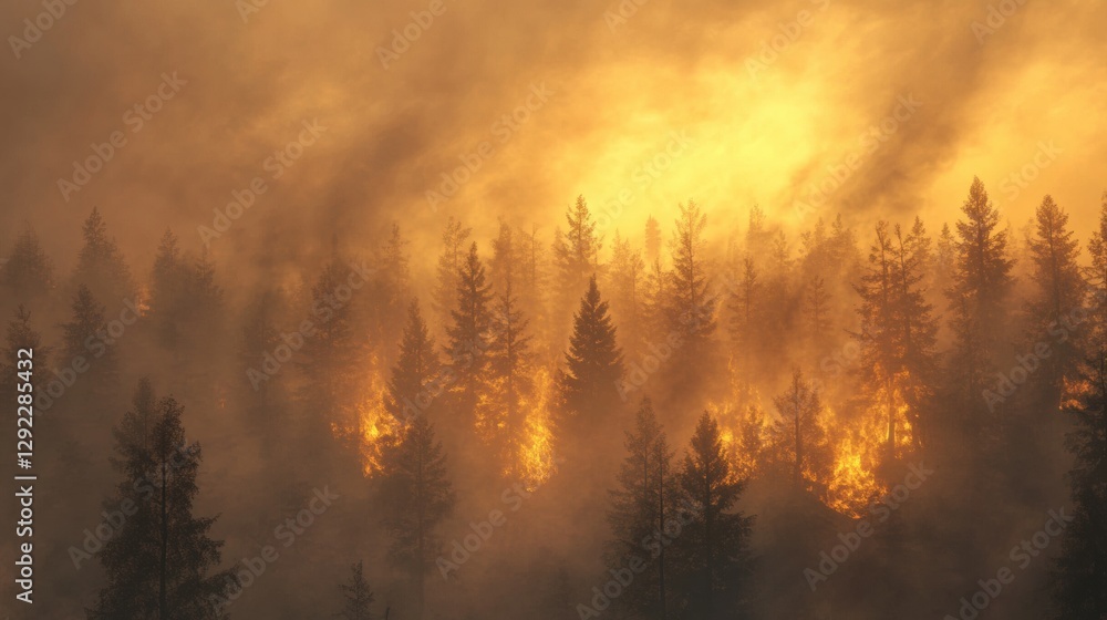 Poster Vivid display of forest fire with flames and smoke at dusk providing space for impactful messaging in the sky. Generative AI