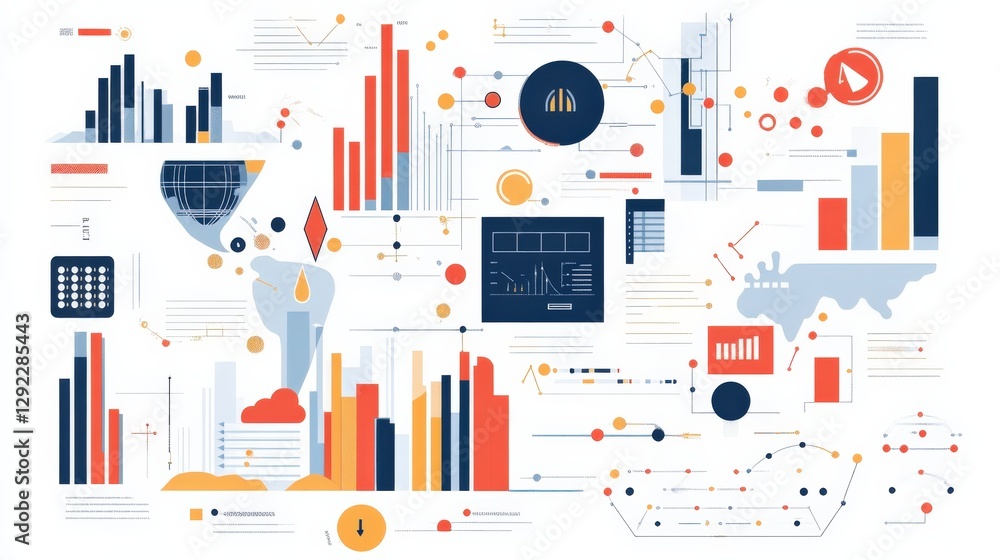 Poster abstract data visualization with charts, graphs, and icons illustrating analytics concepts