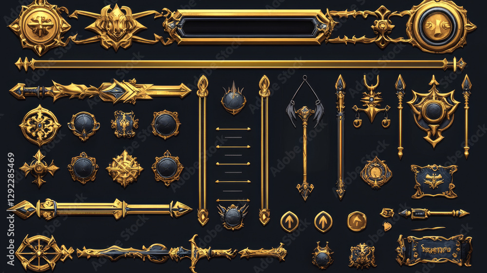 Poster game ui elements with gold frames in medieval style. buttons, banners different shapes, progress bar