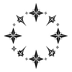 Compass rose with a central white star, surrounded by black stars, on a white background.