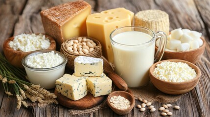 Fototapeta premium Assorted dairy products including cheese, milk, and yogurt on a rustic wooden table with grains