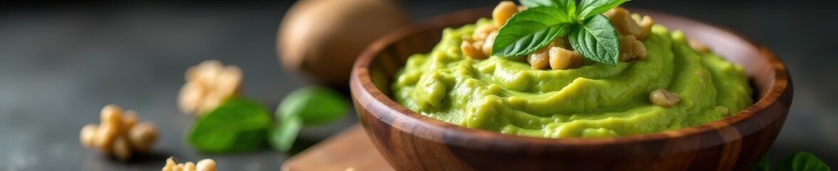 Creamy avocado, crunchy walnuts & basil in rustic wooden bowl , still life, table