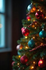 Decorated Christmas tree with multicolored ornaments and lights, tree ornaments, garlands