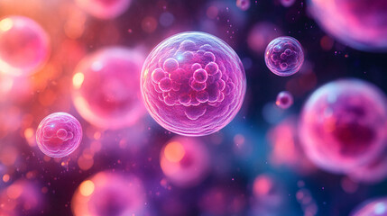 A group of small spherical objects floating in the air, resembling cancer cells, symbolizing modern research, innovation, and the complexity of medical science