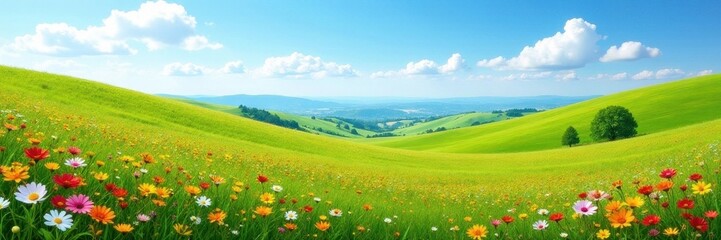 Rolling hillside, wildflowers carpet a cloudless sky, outdoor, earth