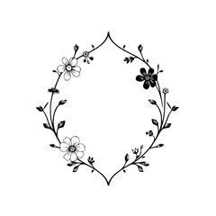 Black and white floral frame with various flowers, leaves, and delicate detailing.