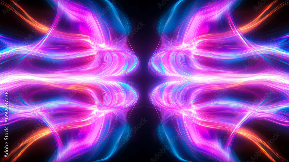 Poster vivid neon glow with symmetrical light patterns on dark background