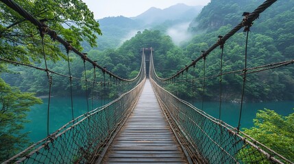 Wooden suspension bridge over tranquil turquoise lake in lush green mountains.