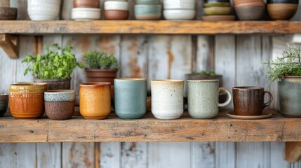 Colorful Ceramic Mugs Line on Wooden Shelf with Rustic Background and Potted Herbs