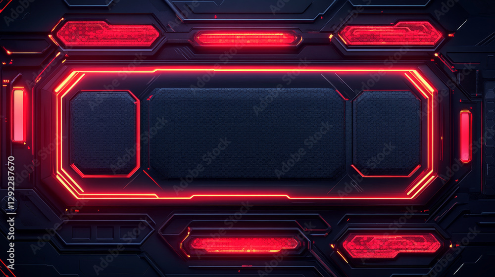 Poster realistic set of sci fi game frame with red light illumination. vector illustration of hexagonal met