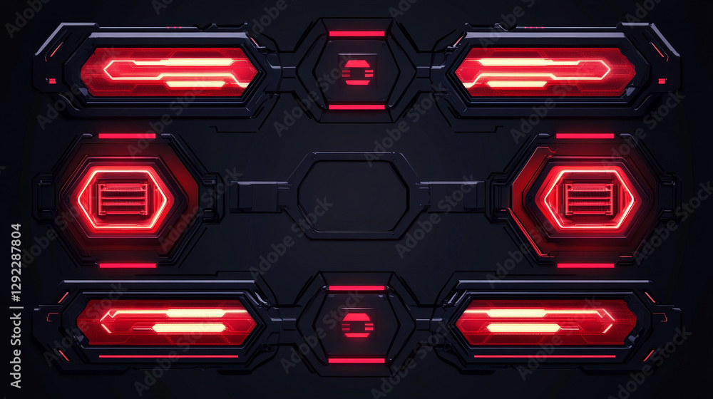 Poster realistic set of sci fi game frame with red light illumination. vector illustration of hexagonal met