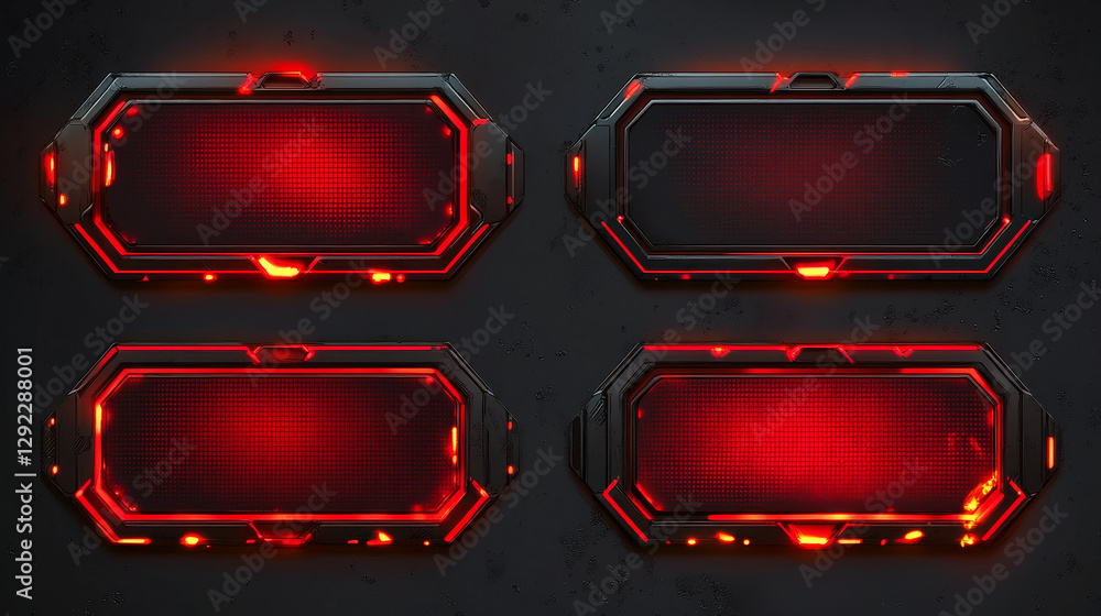Poster realistic set of sci fi game frame with red light illumination. vector illustration of hexagonal met