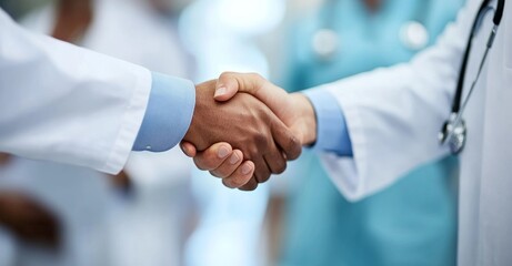 Two healthcare professionals shake hands, symbolizing partnership, collaboration, and trust in their mission