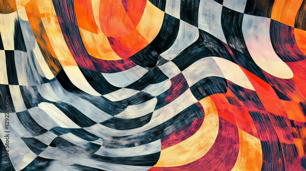 Poster vibrant abstract checkerboard and wavy lines pattern for modern design