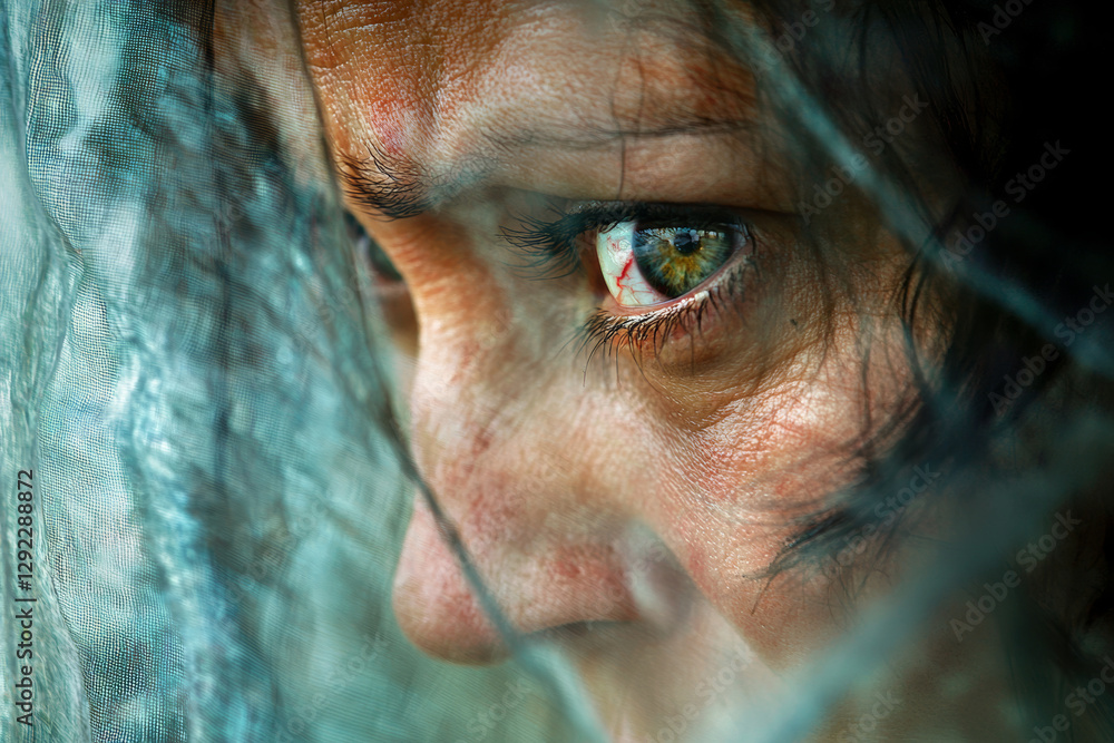 Poster close up of person face showing intense emotion and detail, with veil partially obscuring features, 