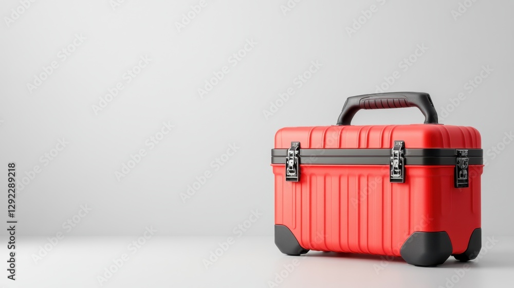 Poster bright red toolbox for diy projects and tool storage on minimal background with soft shadows