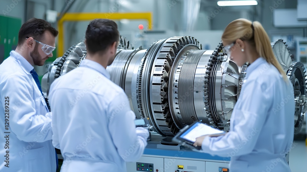 Poster professionals-in-white-lab-coats-inspect-turbine-engine-components-in-high-tech-laboratory-setting