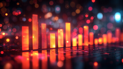 A neon glowing bar graph rises on a dark reflective surface symbolizing growth progress innovation and success in technology business and finance conveying futuristic and dynamic advancement