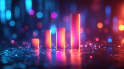A neon glowing bar graph rises on a dark reflective surface symbolizing growth progress innovation and success in technology business and finance conveying futuristic and dynamic advancement