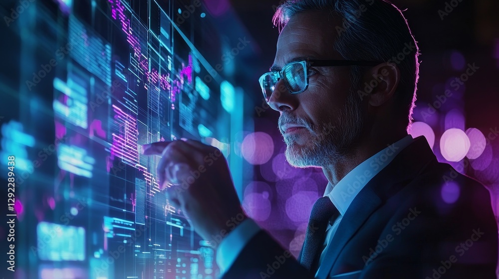 Poster a businessman interacts with a digital interface, analyzing data in a modern, high-tech environment.