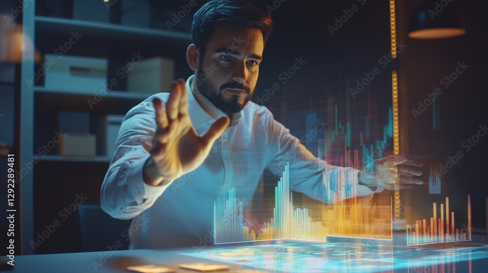 Poster a businessman interacts with a digital interface, analyzing data in a modern, high-tech environment.