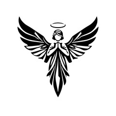 Stylized Black and White Angel Illustration with Halo and Wings.