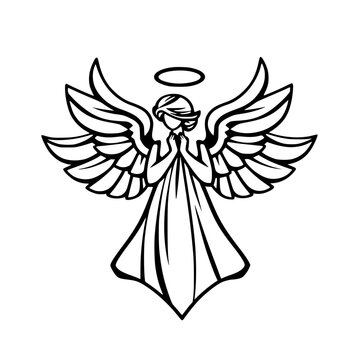 recommend clip art: A simple, black-and-white line drawing of an angel with wings and a halo, expressing prayer.