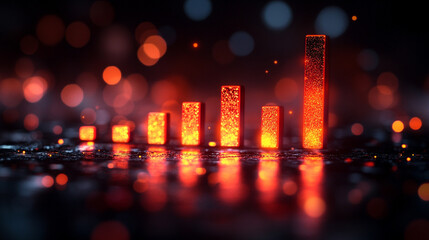 A neon glowing bar graph rises on a dark reflective surface symbolizing growth progress innovation and success in technology business and finance conveying futuristic and dynamic advancement
