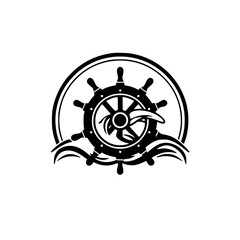 Black and white logo of a ship's helm and waves within a circle.