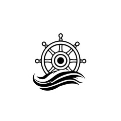 Minimalist Nautical Ship Wheel Logo on White Background with Wave