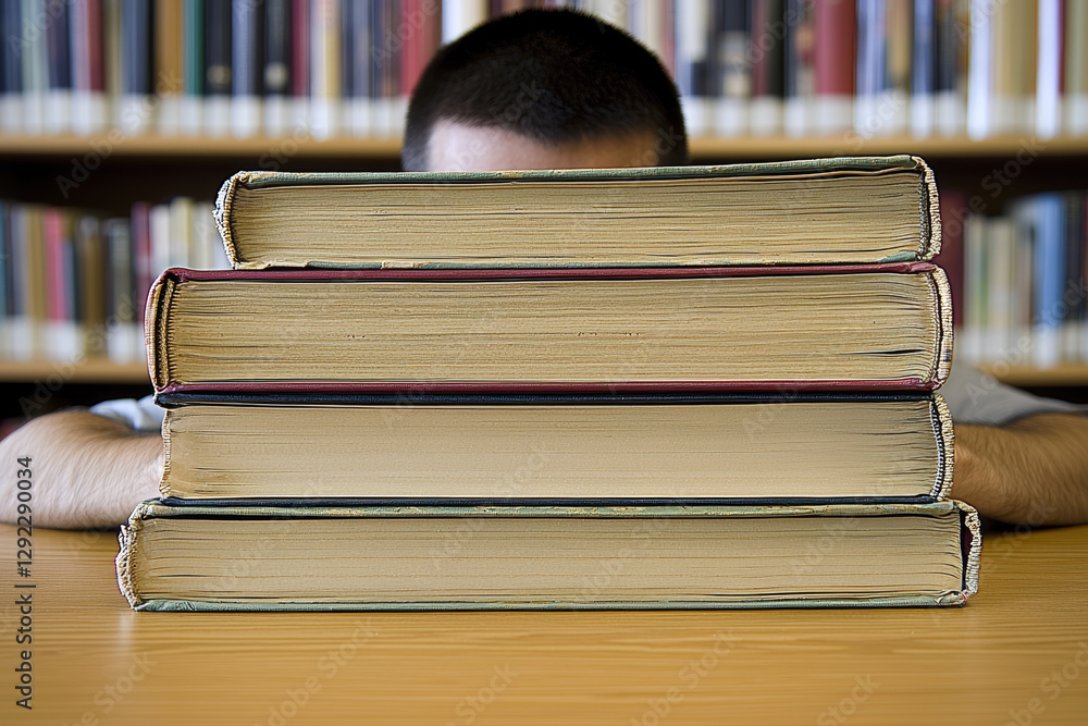 Poster student studying in library with stack of books, focused on learning. atmosphere is quiet and conduc