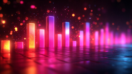 A neon glowing bar graph rises on a dark reflective surface symbolizing growth progress innovation and success in technology business and finance conveying futuristic and dynamic advancement