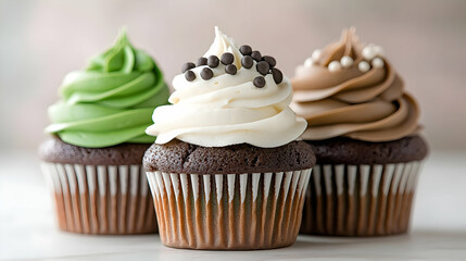 Three chocolate cupcakes with frosting, sprinkles; bakery background; food blog, recipe
