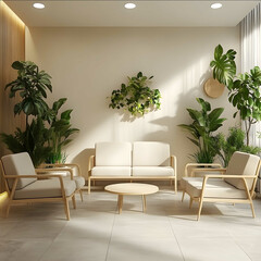 A waiting room in a hospital that looks very homy Only one patient is waiting and feeling very comfortable It has a stylish interior design and feels alive with many