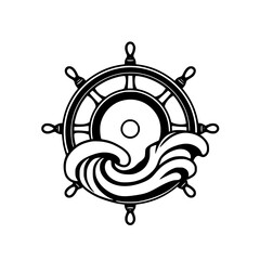 Steering the Vessel: An Oceanic Nautical Helm with Waves and Simple Black and White Design.